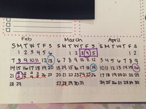 My at-a-glance calendars at the bottom of my planners. I keep 3 months out so I can see quickly what I have going on, all color coded.