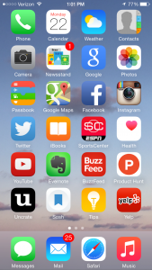 iPhone 6 home screen from Sean Freidin on "Can You Survive Without A Data Plan? Our 28 Day Experiment" blog post.